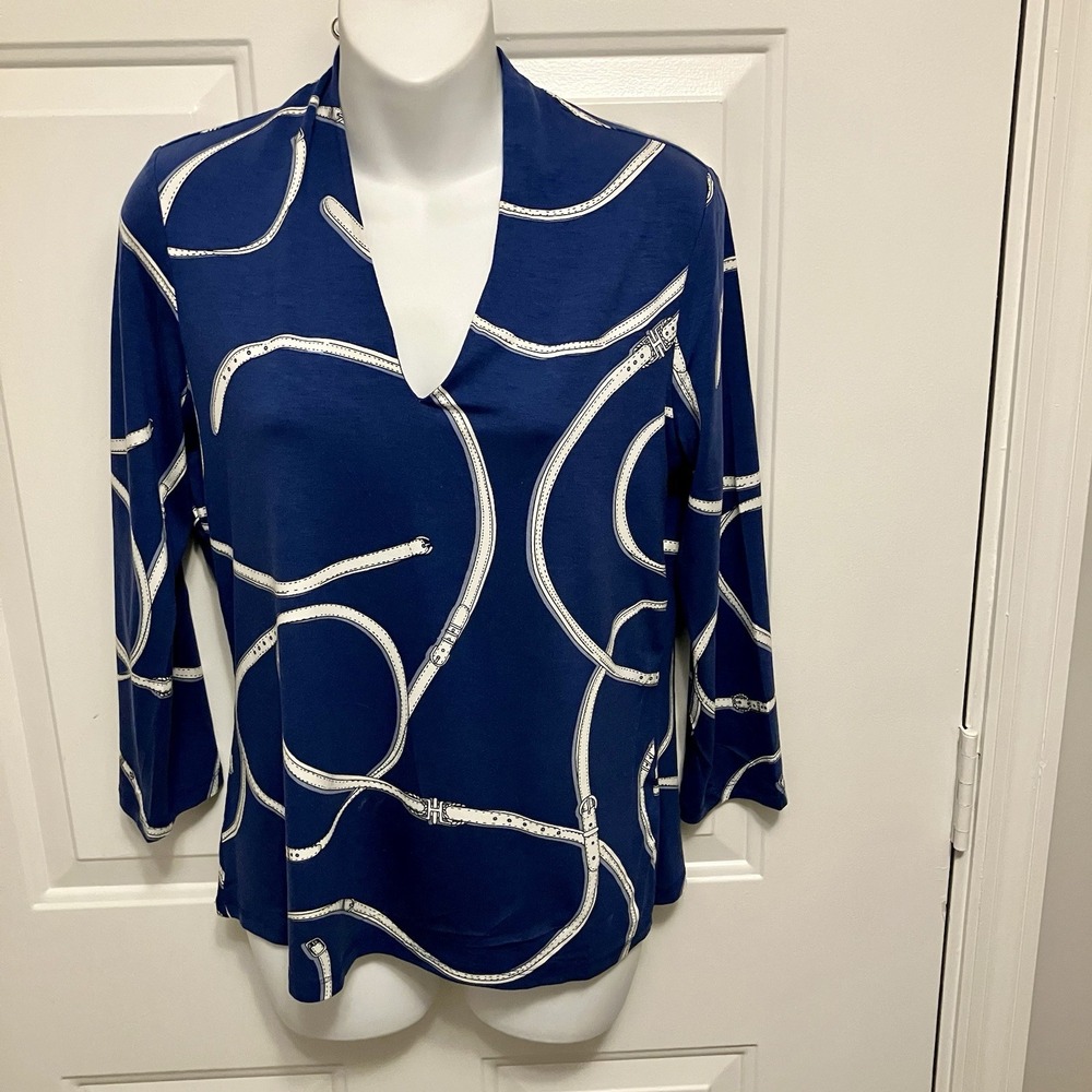Hobbs London V Neck Shirt Top Women's Size Medium Blue White 3/4 Sleeve